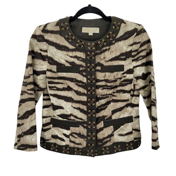 Michael Kors Tiger Striped Scoop Neck Grommet Rope Detailed Cropped Blazer Sz 0 - Picture 1 of 10
